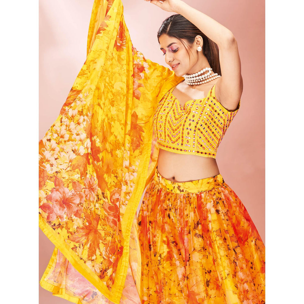 Yellow Embellished With Printed Organza Lehenga Choli Clothsvilla