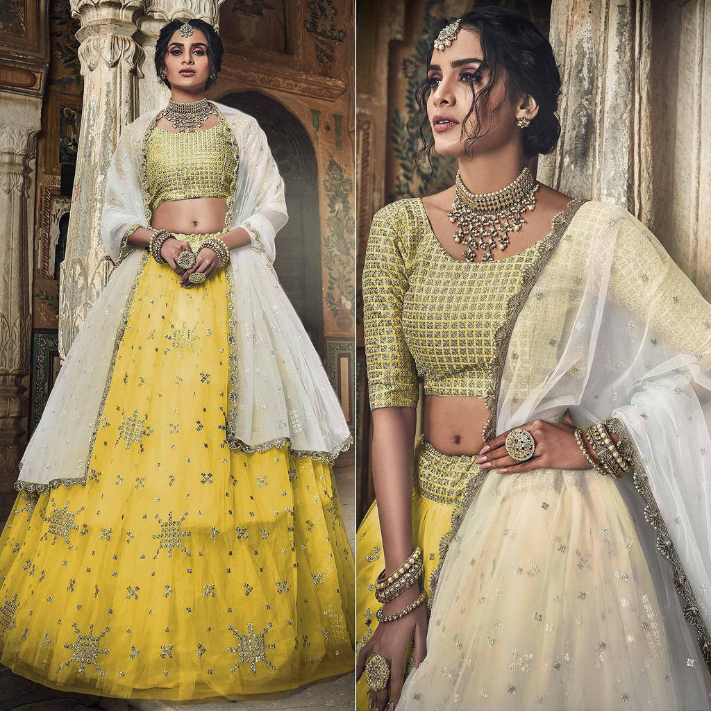 Yellow Sequins Embroidered Net Lehenga Choli