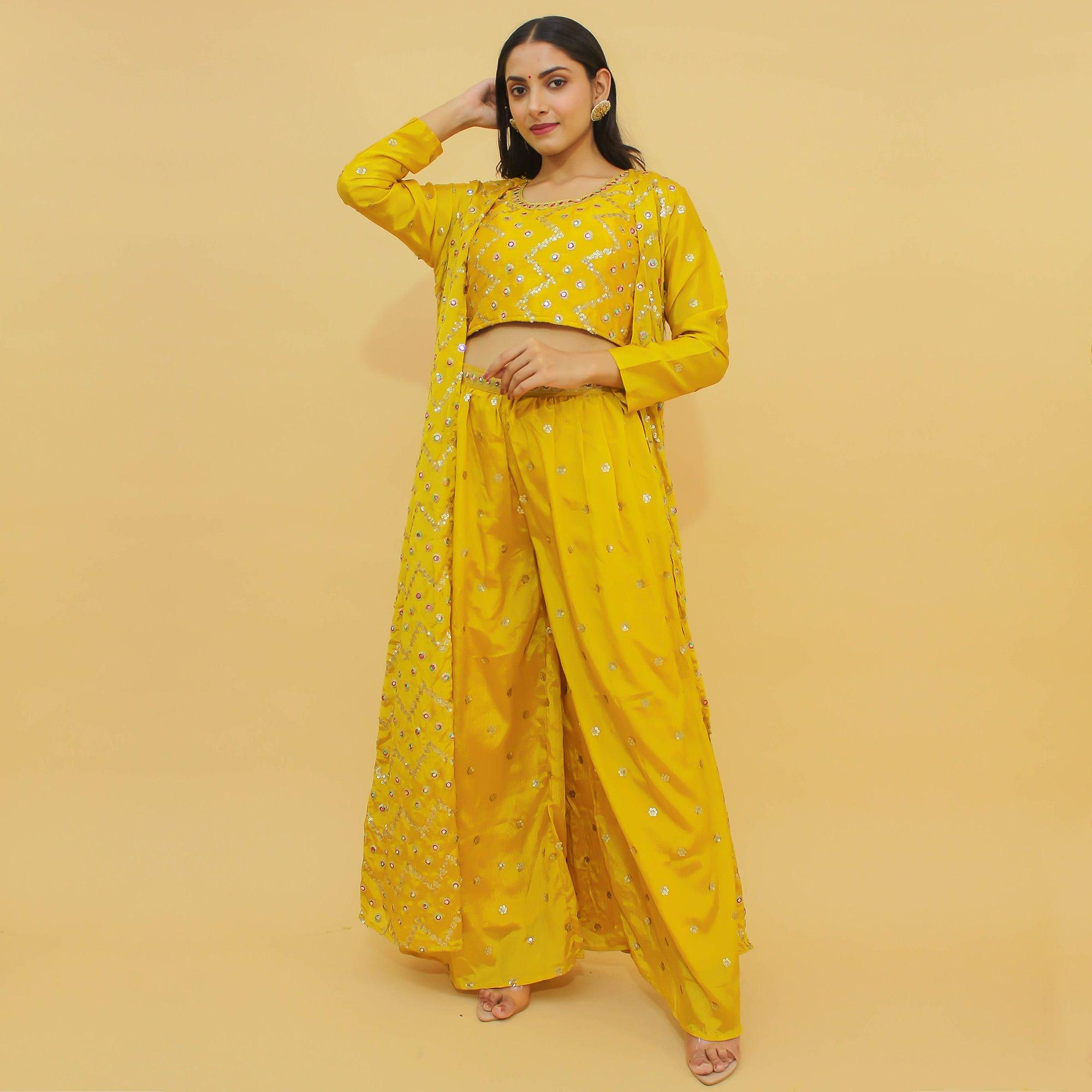 Geogratte Party Wear Suit in Yellow Color with Embroidery Work - Sale