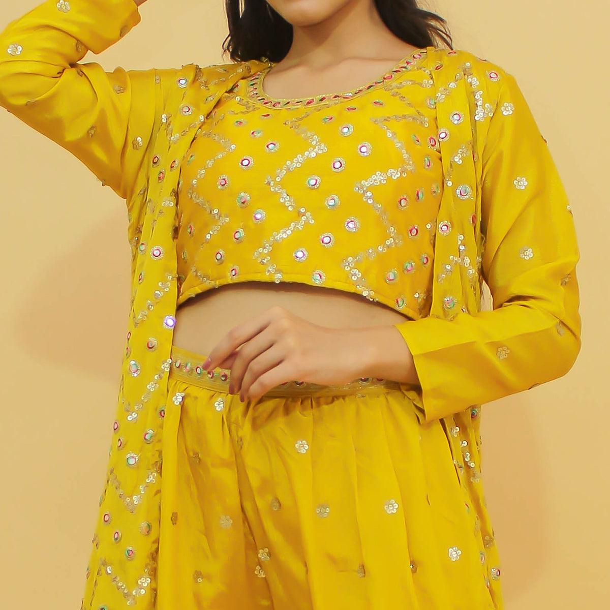 Yellow Thread Sequins With Foil Work Chiffon Partywear Suit Clothsvilla