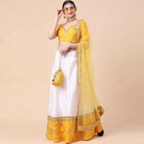 Yellow-White Party Wear Sequins Embroidered Satin Lehenga Choli Clothsvilla Main image