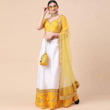 Load image into Gallery viewer, Yellow-White Party Wear Sequins Embroidered Satin Lehenga Choli Clothsvilla
