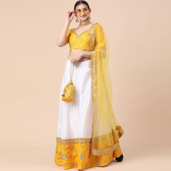 Net Fabric Yellow Color Lehenga, Choli and Dupatta with Embroidery,  Sequence & Thread Work