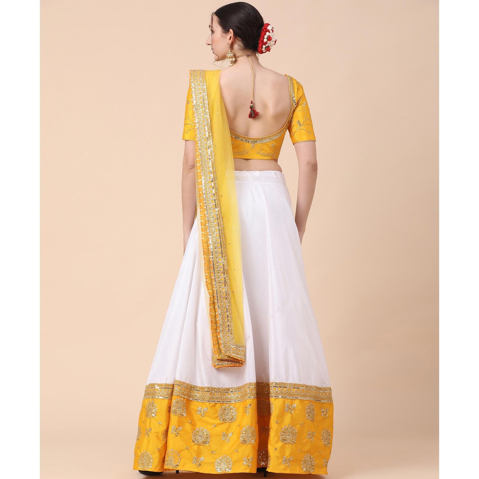 Yellow-White Party Wear Sequins Embroidered Satin Lehenga Choli Clothsvilla