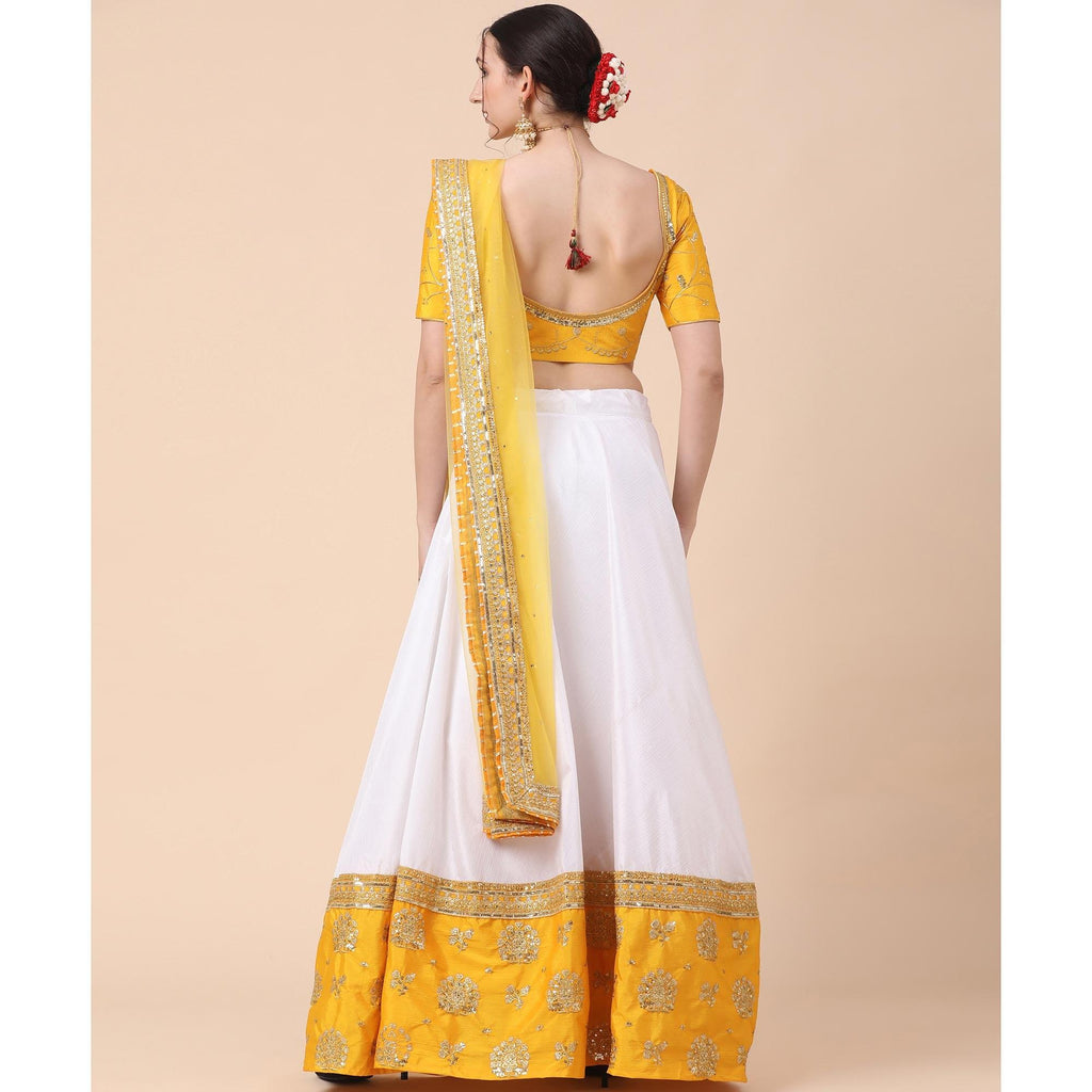 Yellow-White Party Wear Sequins Embroidered Satin Lehenga Choli Clothsvilla