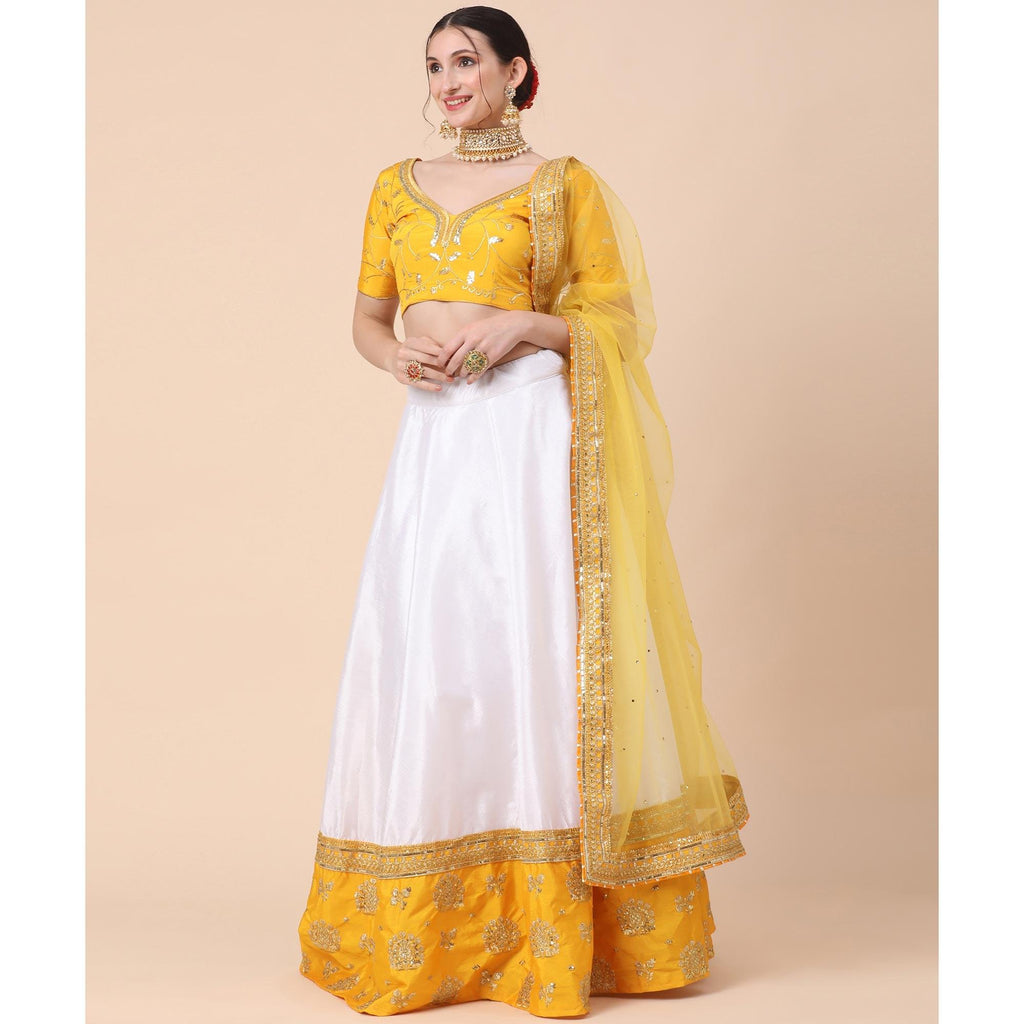Yellow-White Party Wear Sequins Embroidered Satin Lehenga Choli Clothsvilla