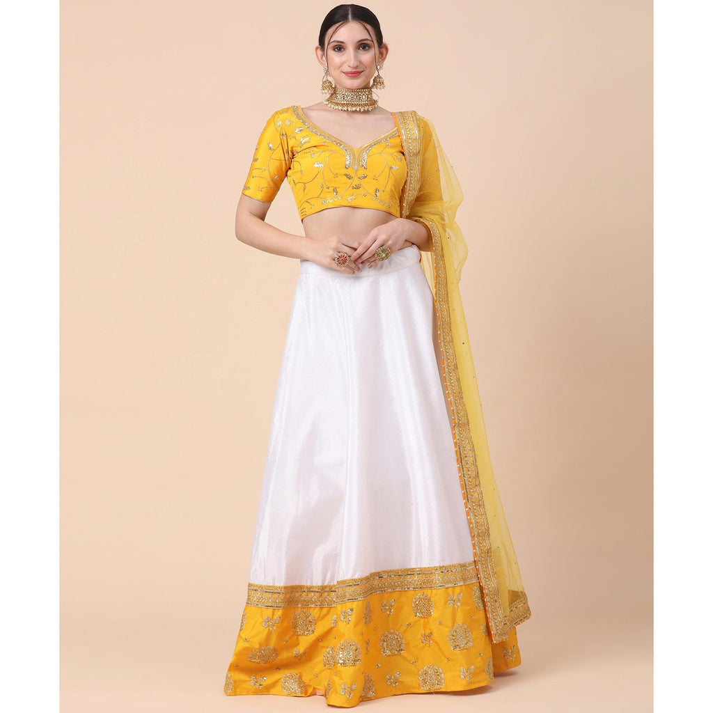 Yellow-White Party Wear Sequins Embroidered Satin Lehenga Choli Clothsvilla