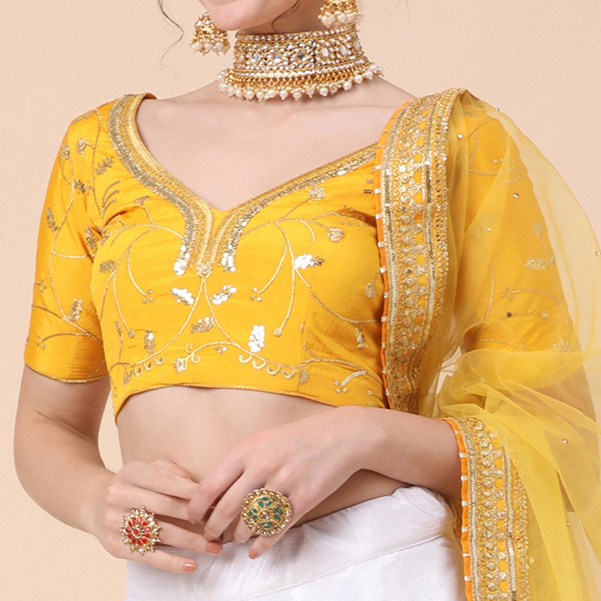 Yellow-White Party Wear Sequins Embroidered Satin Lehenga Choli Clothsvilla