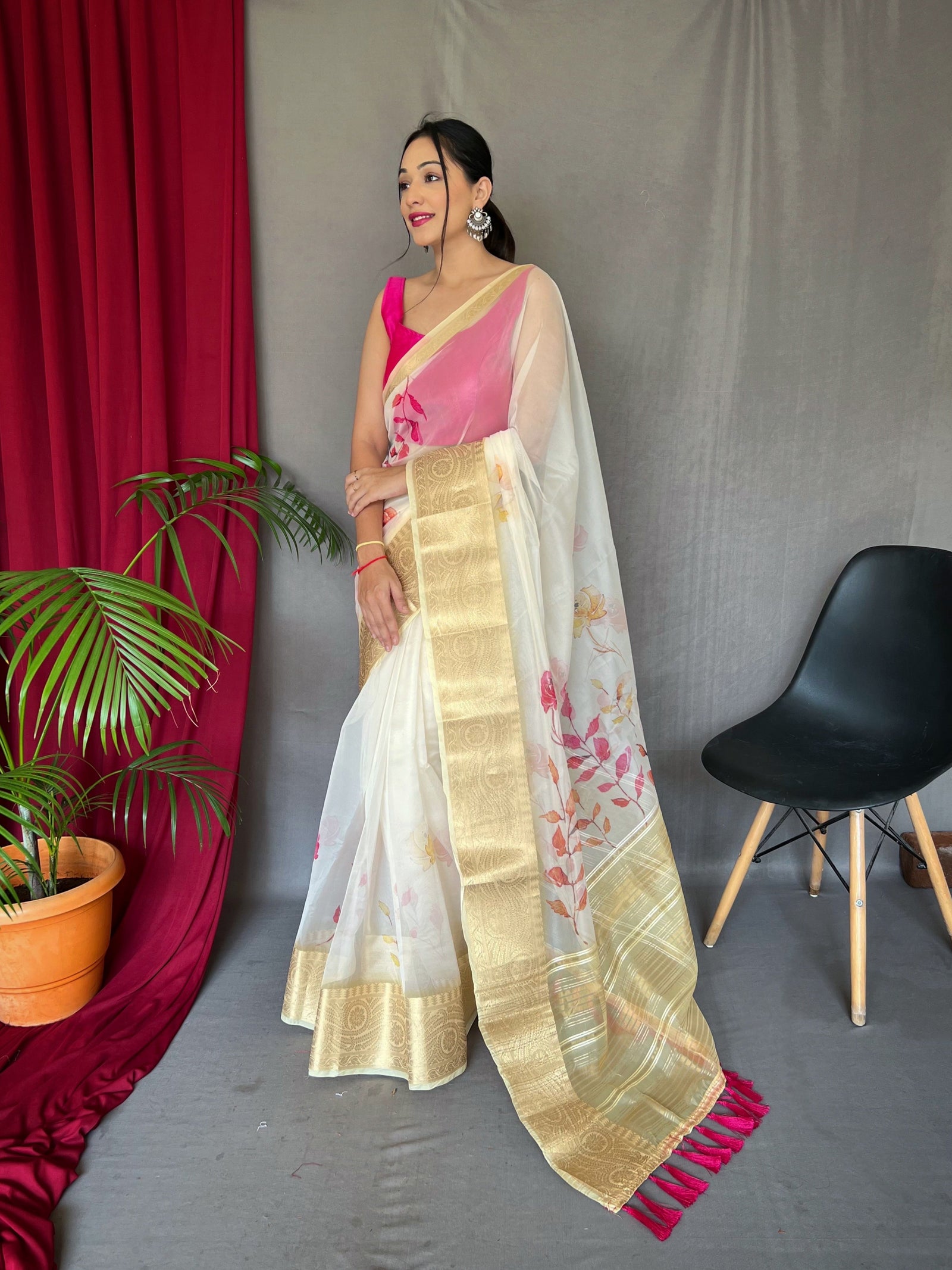Organza Digital Floral Printed Saree Pastel Yellow Clothsvilla