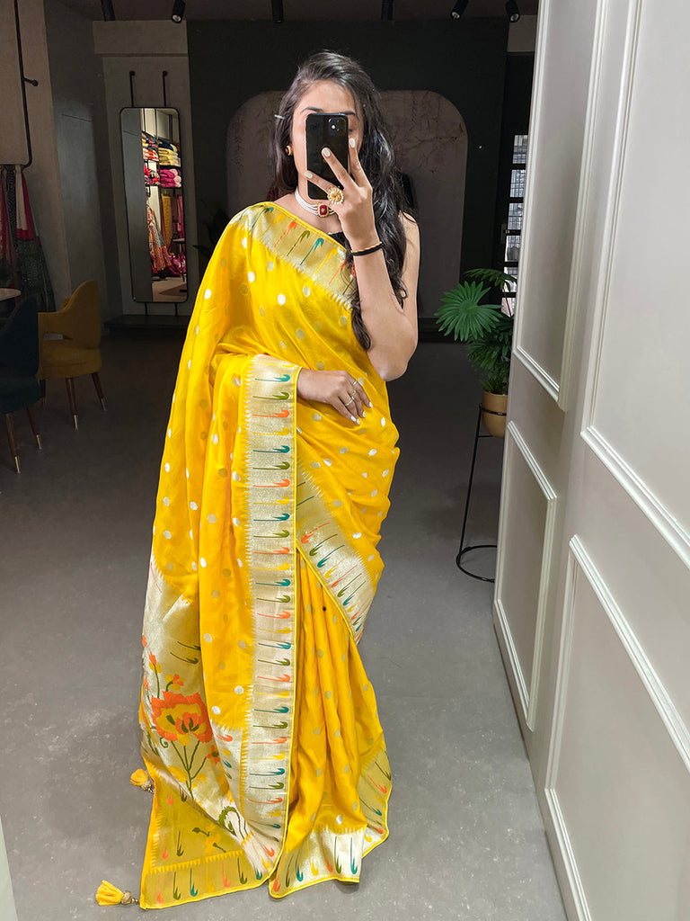 Yellow Color Zari Weaving Work Pure Viscose Saree Clothsvilla