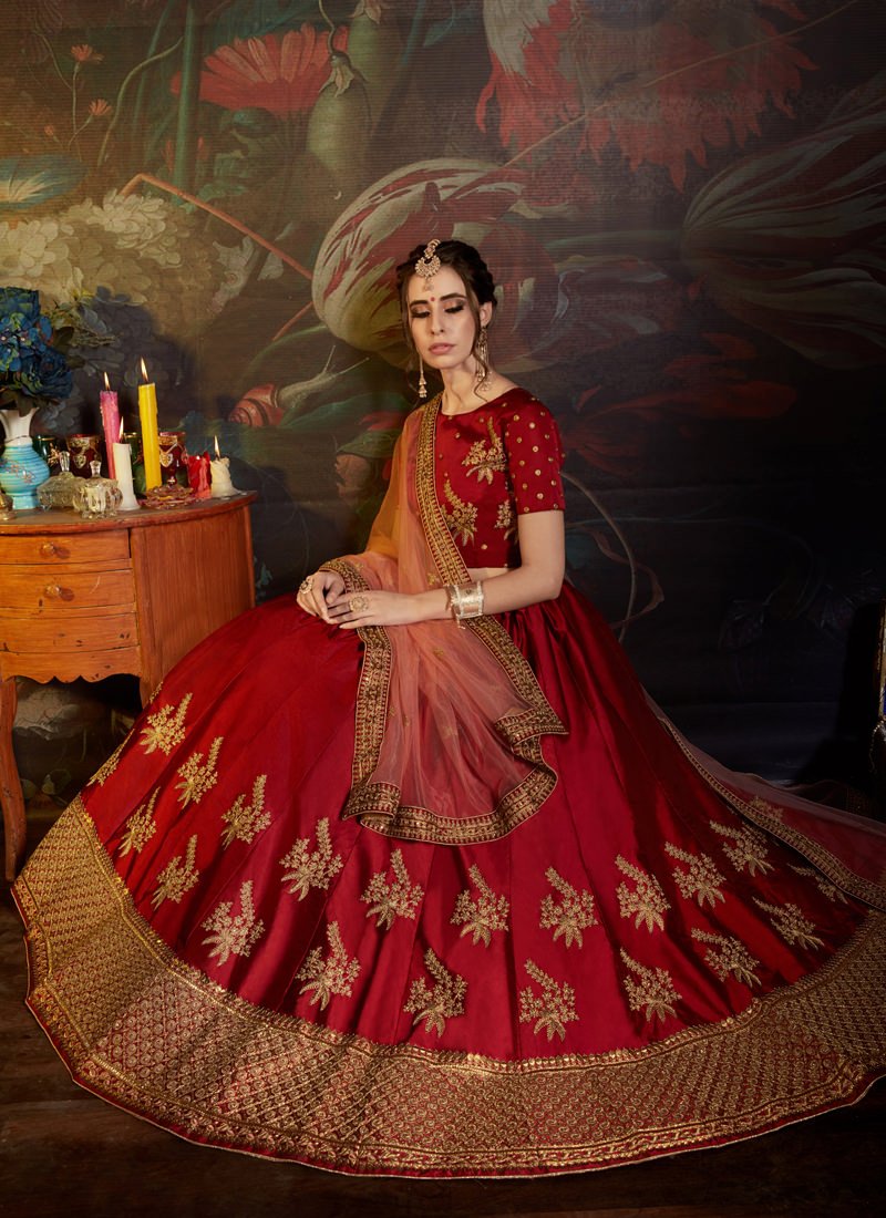 Fantastic Maroon Color Satin Base Designer Lehenga Choli Clothsvilla