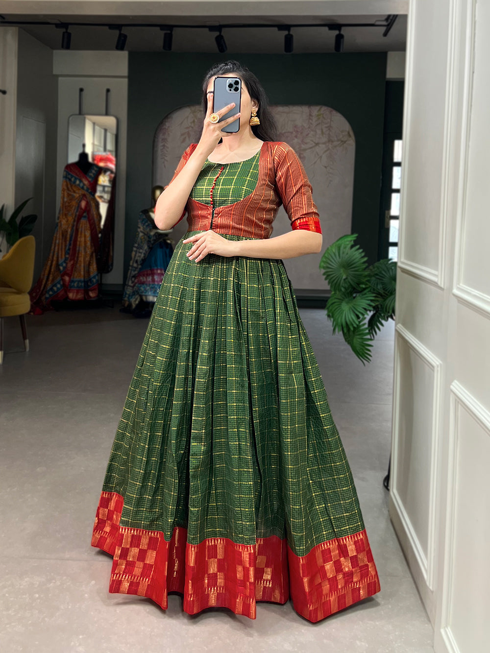 Green Color Zari Weaving Work Zari Chex Traditional Dress Clothsvilla