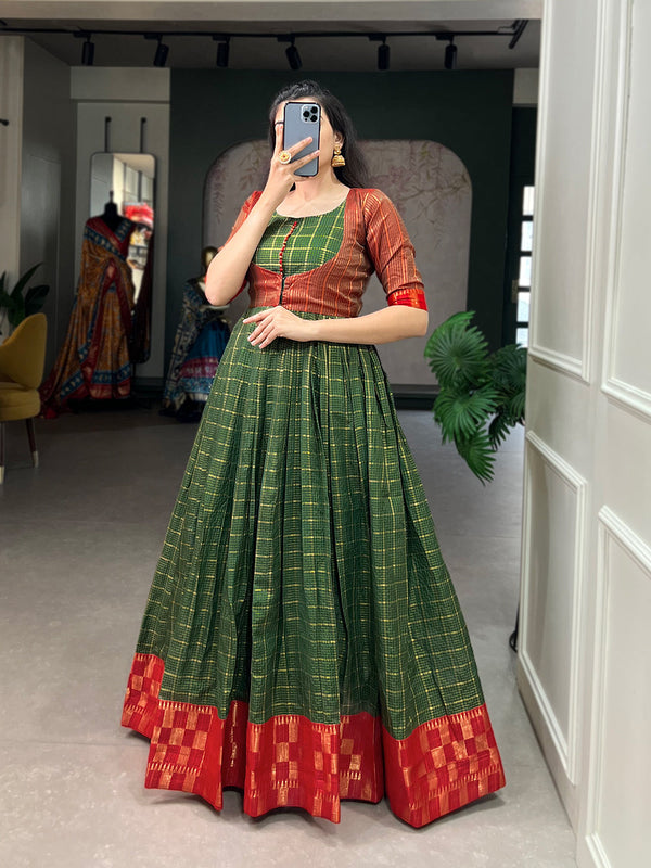 Green Color Zari Weaving Work Zari Chex Traditional Dress Clothsvilla
