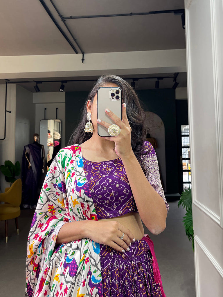 Purple Color Printed With Zari Weaving Work Viscose Dola Silk Lehenga Choli Clothsvilla