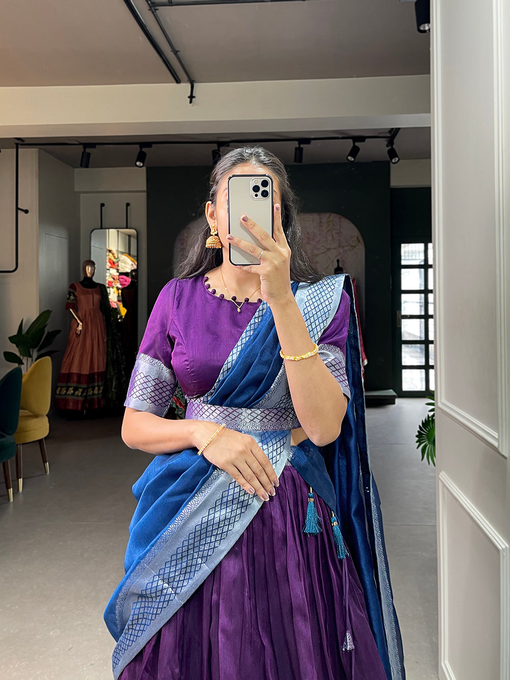 Purple Color Plain And Silver Viscose Chanderi Dupion Silk Semi Stich Half Saree Lehenga Choli ClothsVilla.com