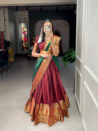 Maroon Color Zari Weaving Work Narayan Pet (Cotton) Pattu Lehenga Choli ClothsVilla.com