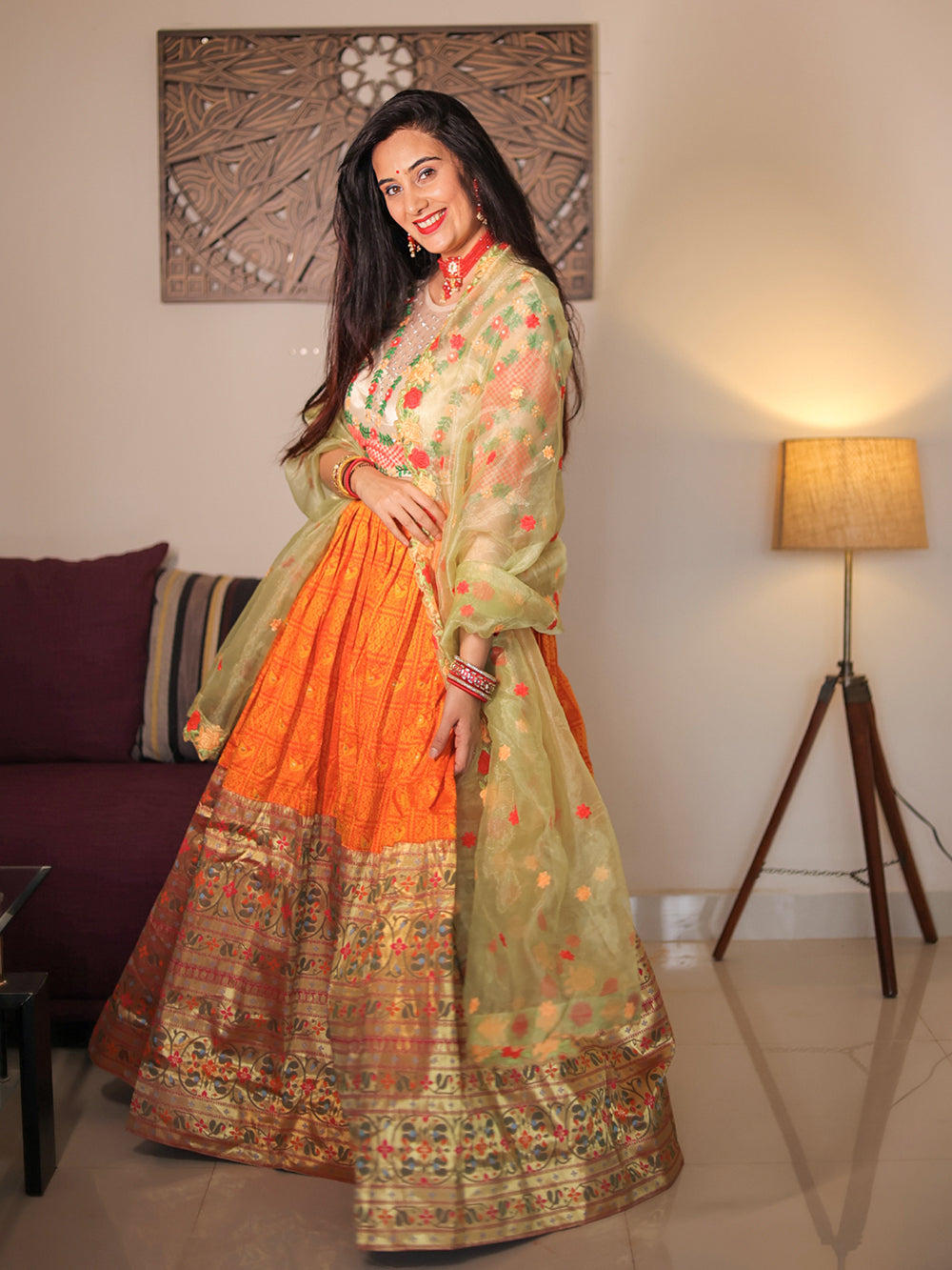 Orange Color Zari weaving Work Jacquard Paithani Lehenga Choli Clothsvilla