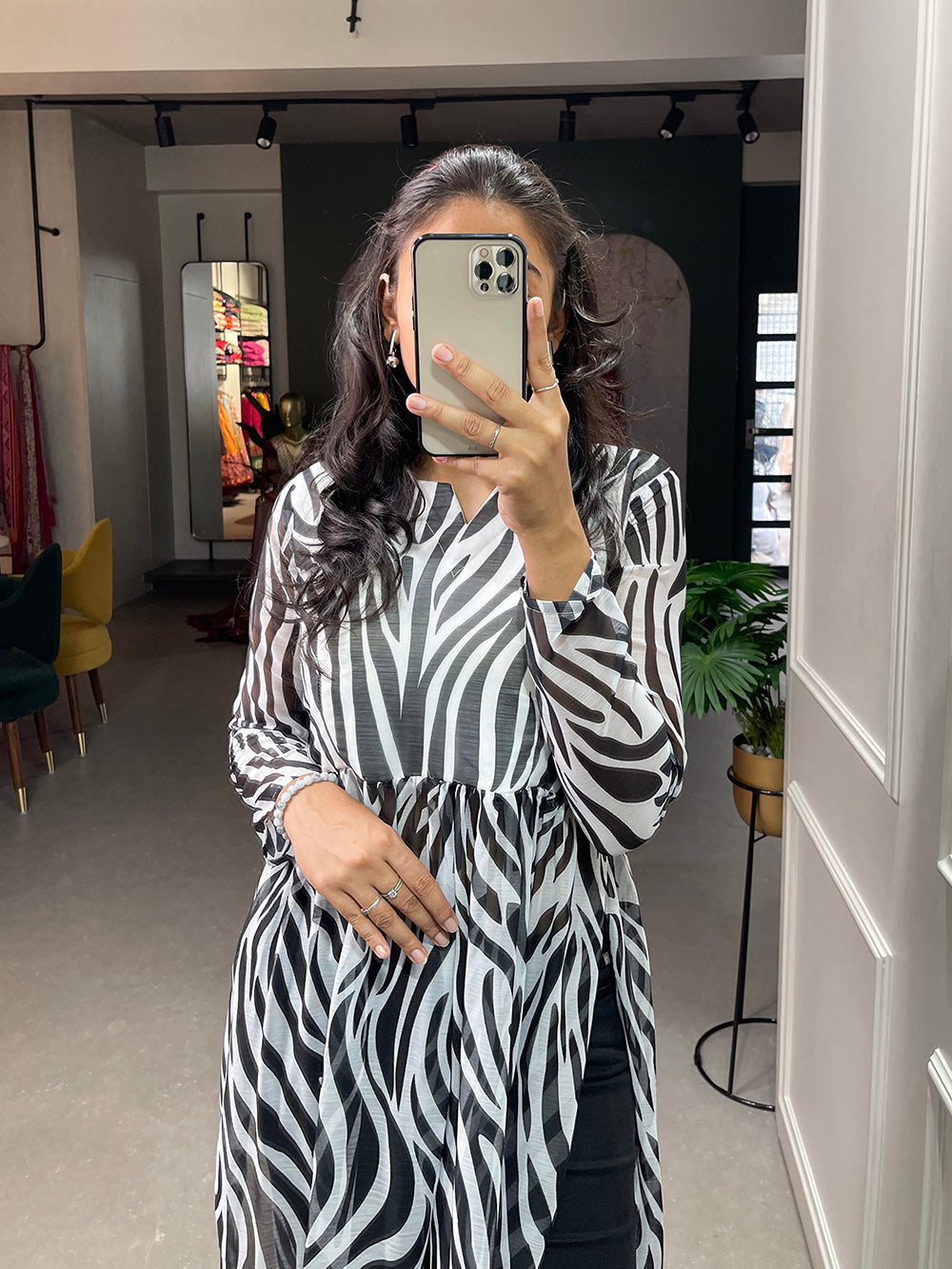 Black and White Animal Print Chiffon Kurti Clothsvilla
