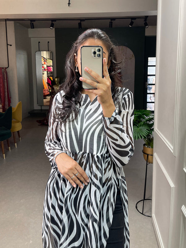 Black and White Animal Print Chiffon Kurti Clothsvilla